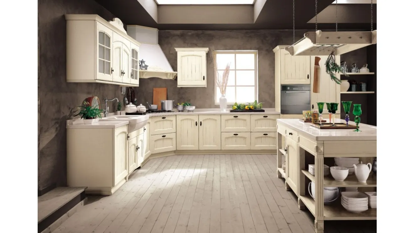 Cucina Shabby Chic angolare Morgana in laccato Bianco Antico con top in marmo di Arrex