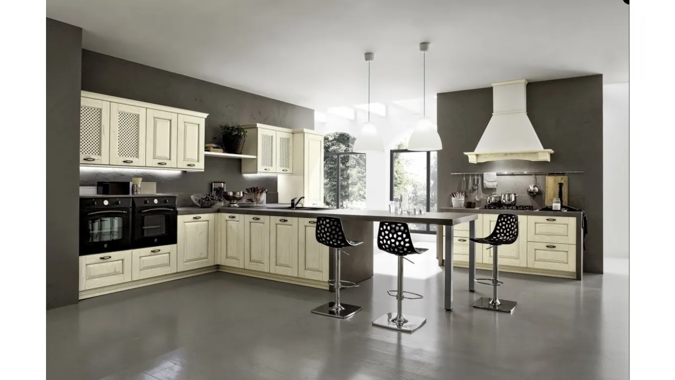 Cucina Shabby Chic angolare con penisola Nora in legno laccato Decapé Bianco Antico di Arrex