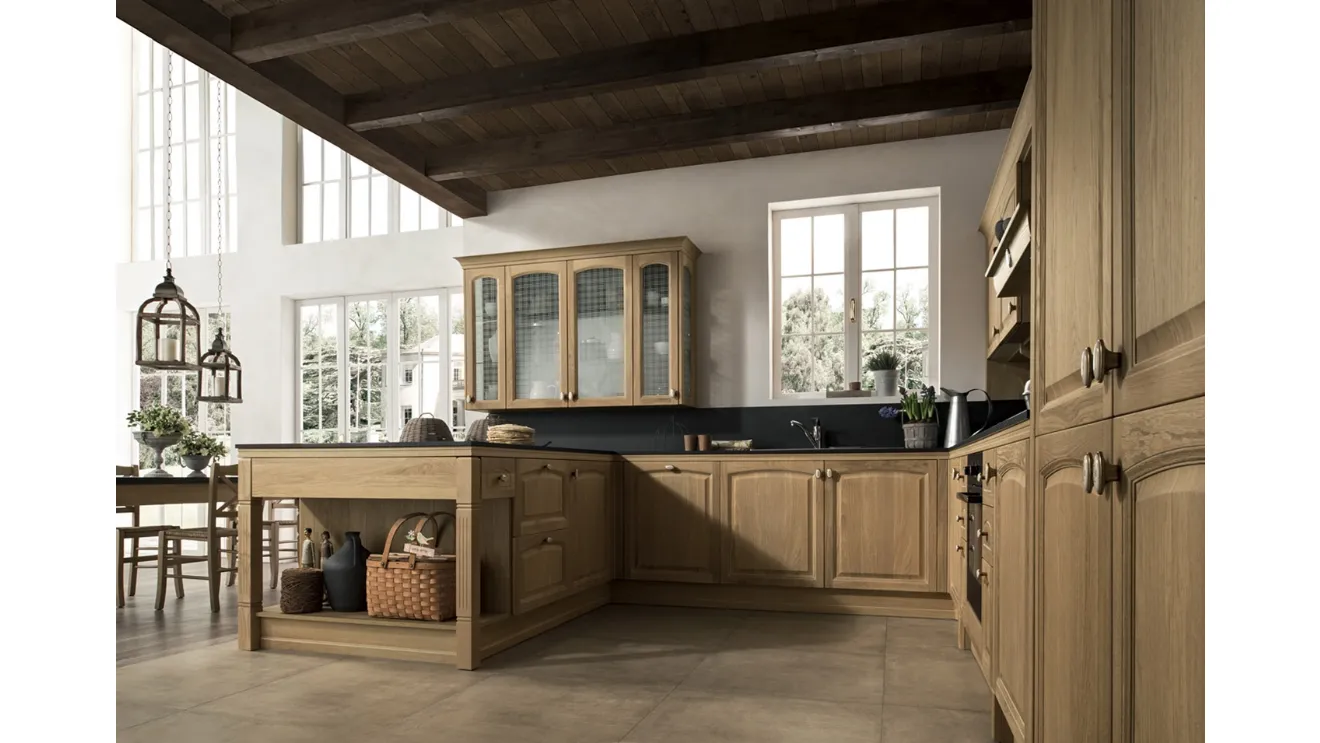 Cucina angolare su misura in legno naturale e vetrine serigrafate Gala 02 di Febal